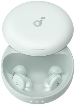 soundcore Sleep A30 earbuds in Mist Green comfortably nestled in a charging case.