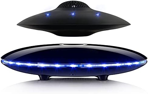 Magnetic levitating UFO speaker with LED lights floating above its base.