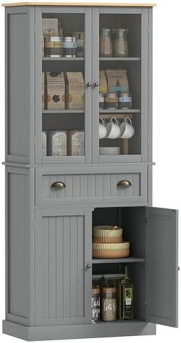 Stylish grey HOMCOM freestanding kitchen cupboard with glass doors.