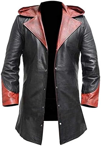 Men's Red Hooded Black Long Trench Coat for gaming cosplay.