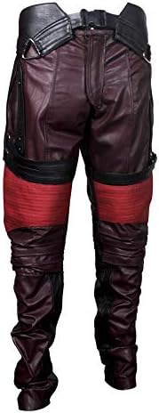 LP-FACON men's Guardians superhero distressed maroon star leather biker jacket.