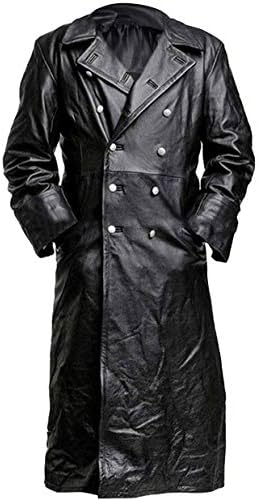 LP-FACON German Classic Officer leather trench coat, front view, detailed stitching.