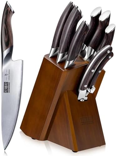 HOSHANHO 8-piece kitchen knife set with sharp Japanese steel blades and elegant block.