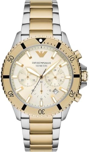 Close-up of the Emporio Armani men's chronograph watch dial and stainless steel strap.