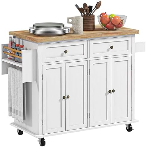 White kitchen island on wheels with wood top and storage.