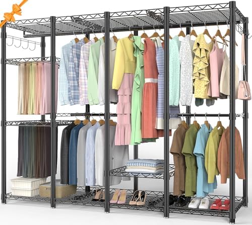 AQRA heavy-duty clothes rail with multiple garments, shoes, and storage boxes for organised living.