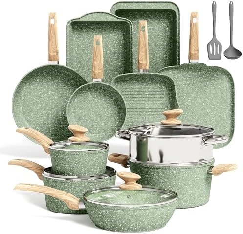 Kitchen Academy 17-piece green non-stick cookware set displayed on a modern kitchen hob.