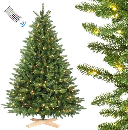 A majestic 7ft artificial Christmas tree with multi-colour RGB lights and a sturdy wooden stand.