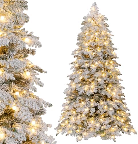 COSTWAY 210cm pre-lit snow-flocked Christmas tree with warm-white LEDs.
