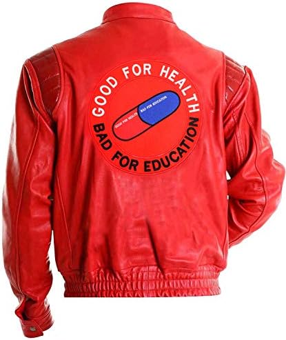 Front view of a men's red and black bomber jacket with a distinct capsule logo.