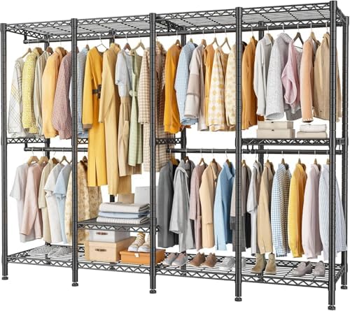 REIBII heavy-duty clothes rail with organised garments, shoes, and bags in a bedroom.