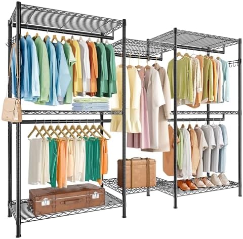 Sturdy black clothes rail in a horizontal setup, showcasing organised garments.
