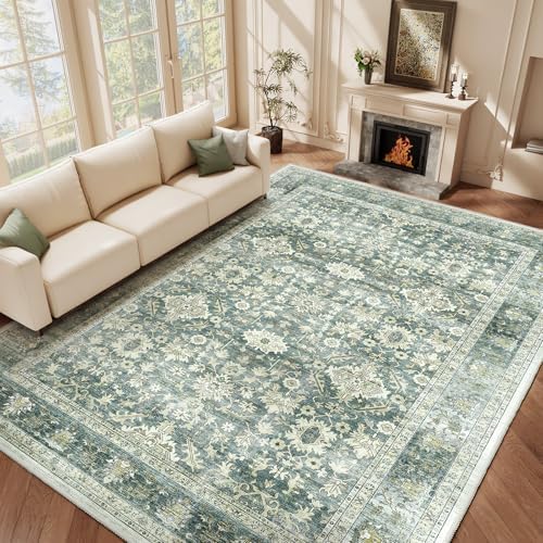 Green vintage floral area rug in a stylish living room, showcasing faded design.